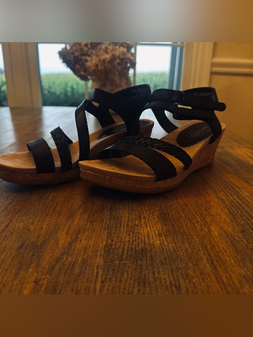 BareTraps Black Wedge Sandals with Cork-Look Platform